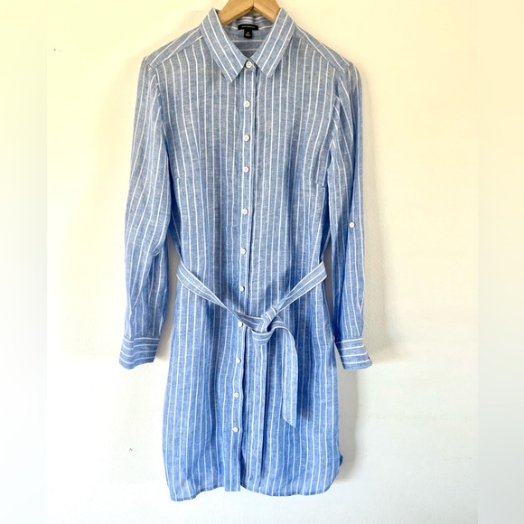 Ann Taylor Blue Striped Linen Full Button Front Belted Shirt Dress Size Medium - Picture 2 of 13